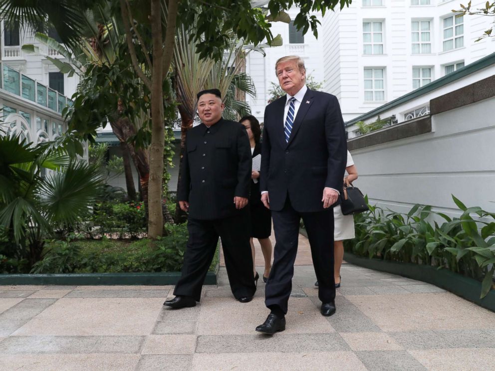 PHOTO: President Donald Trump and North Koreas leader Kim Jong Un walk in the garden at the Metropole hotel during the second North Korea-U.S. summit in Hanoi, Vietnam, Feb. 28, 2019.