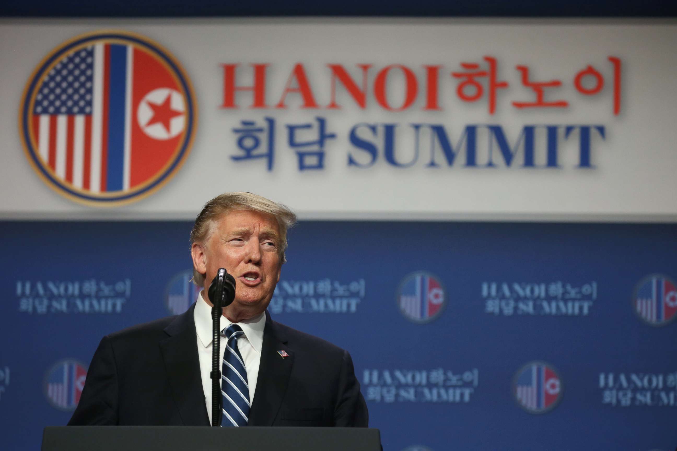 PHOTO: President Donald Trump holds a news conference after his summit with North Korean leader Kim Jong Un at the JW Marriott hotel in Hanoi, Vietnam, Feb. 28, 2019. 