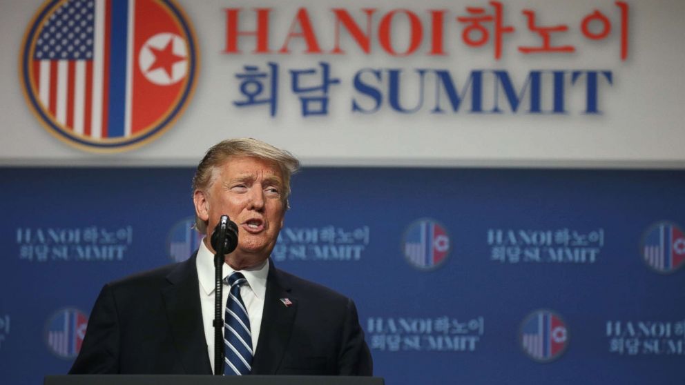 PHOTO: President Donald Trump holds a news conference after his summit with North Korean leader Kim Jong Un at the JW Marriott hotel in Hanoi, Vietnam, Feb. 28, 2019. 