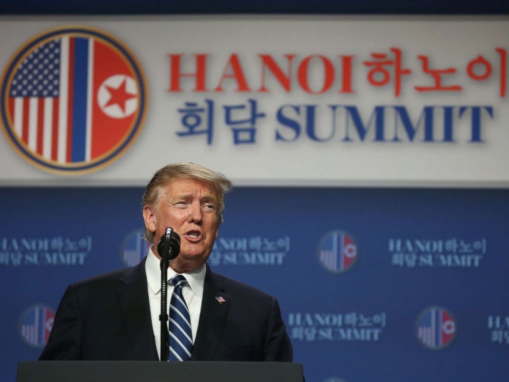 PHOTO: President Donald Trump holds a news conference after his summit with North Korean leader Kim Jong Un at the JW Marriott hotel in Hanoi, Vietnam, Feb. 28, 2019.