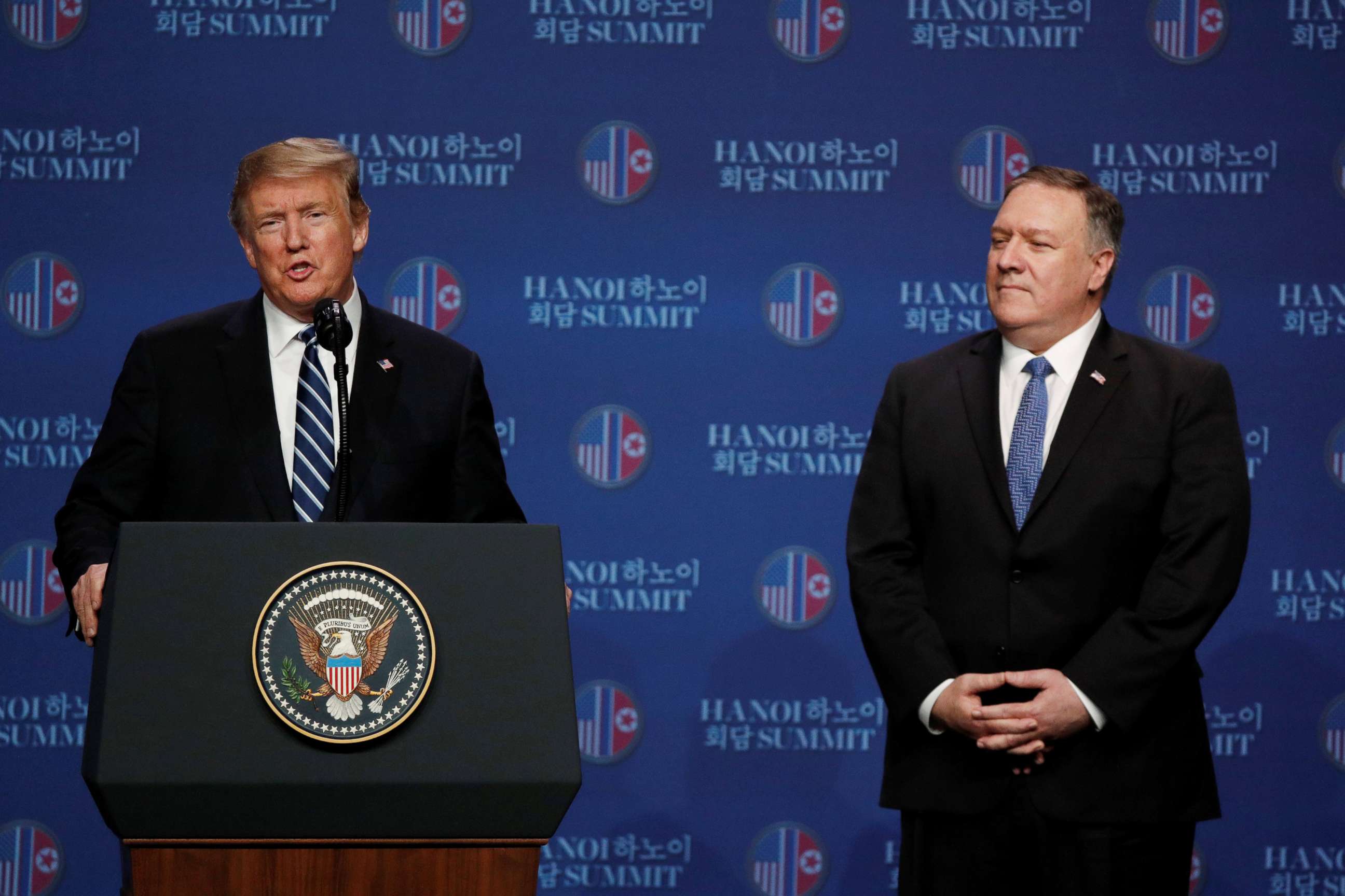 PHOTO: President Donald Trump speaks next to Secretary of State Mike Pompeo during a news conference after Trump's summit with North Korean leader Kim Jong Un, at the JW Marriott Hotel in Hanoi, Vietnam, Feb. 28, 2019. 