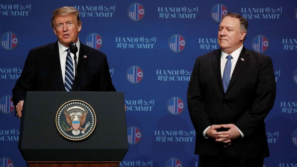 PHOTO: President Donald Trump speaks next to Secretary of State Mike Pompeo during a news conference after Trump's summit with North Korean leader Kim Jong Un, at the JW Marriott Hotel in Hanoi, Vietnam, Feb. 28, 2019. 
