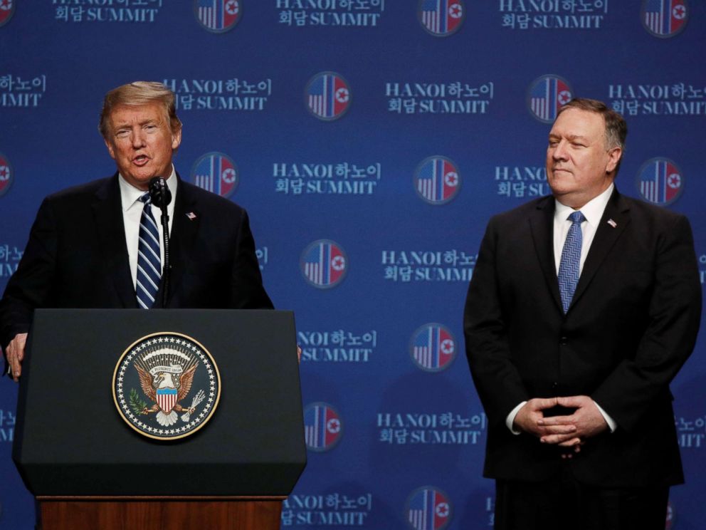 PHOTO: President Donald Trump speaks next to Secretary of State Mike Pompeo during a news conference after Trumps summit with North Korean leader Kim Jong Un, at the JW Marriott Hotel in Hanoi, Vietnam, Feb. 28, 2019.