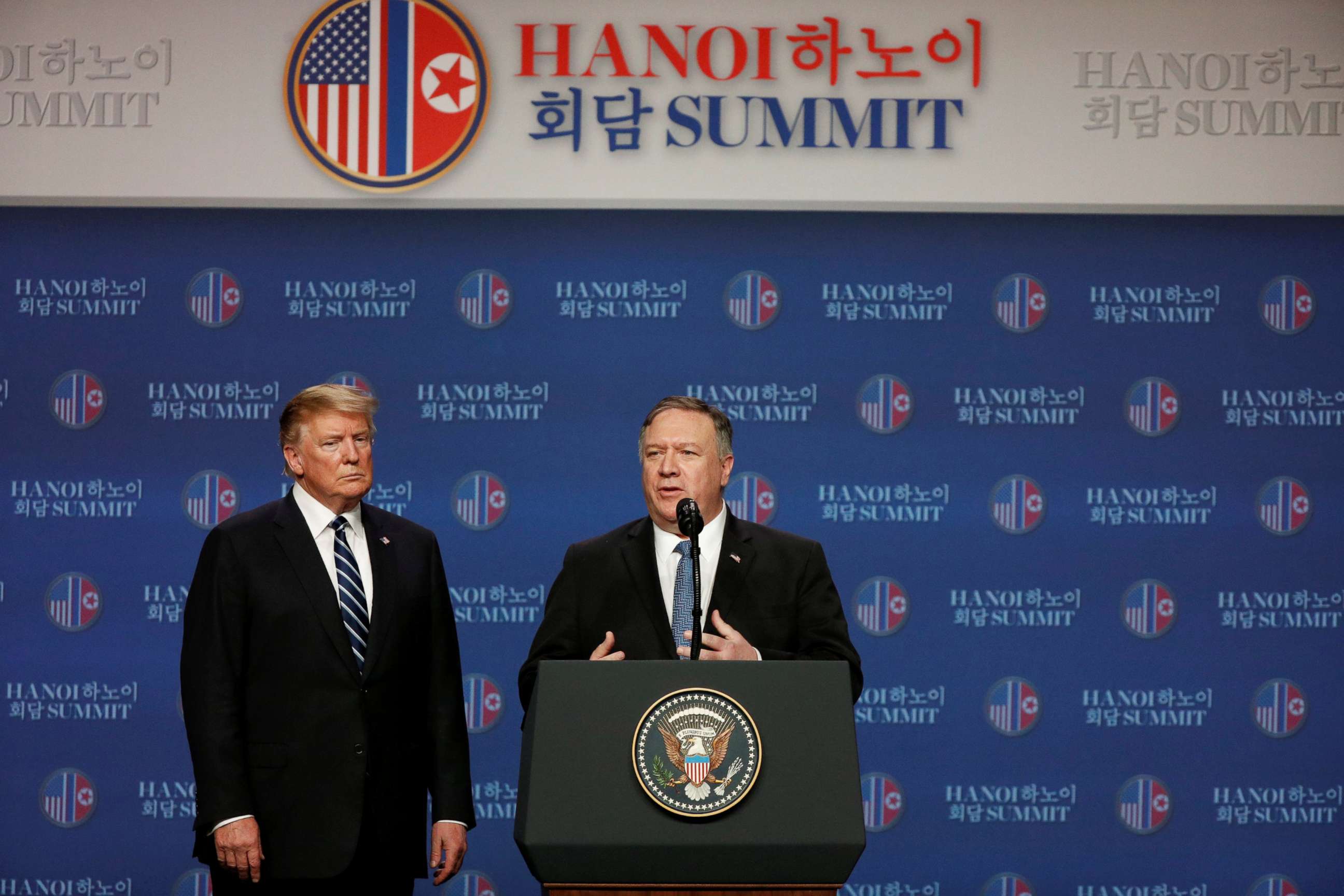 PHOTO: Secretary of State Mike Pompeo speaks next to President Donald Trump during a news conference after Trump's summit with North Korean leader Kim Jong Un, at the JW Marriott Hotel in Hanoi, Vietnam, Feb. 28, 2019.