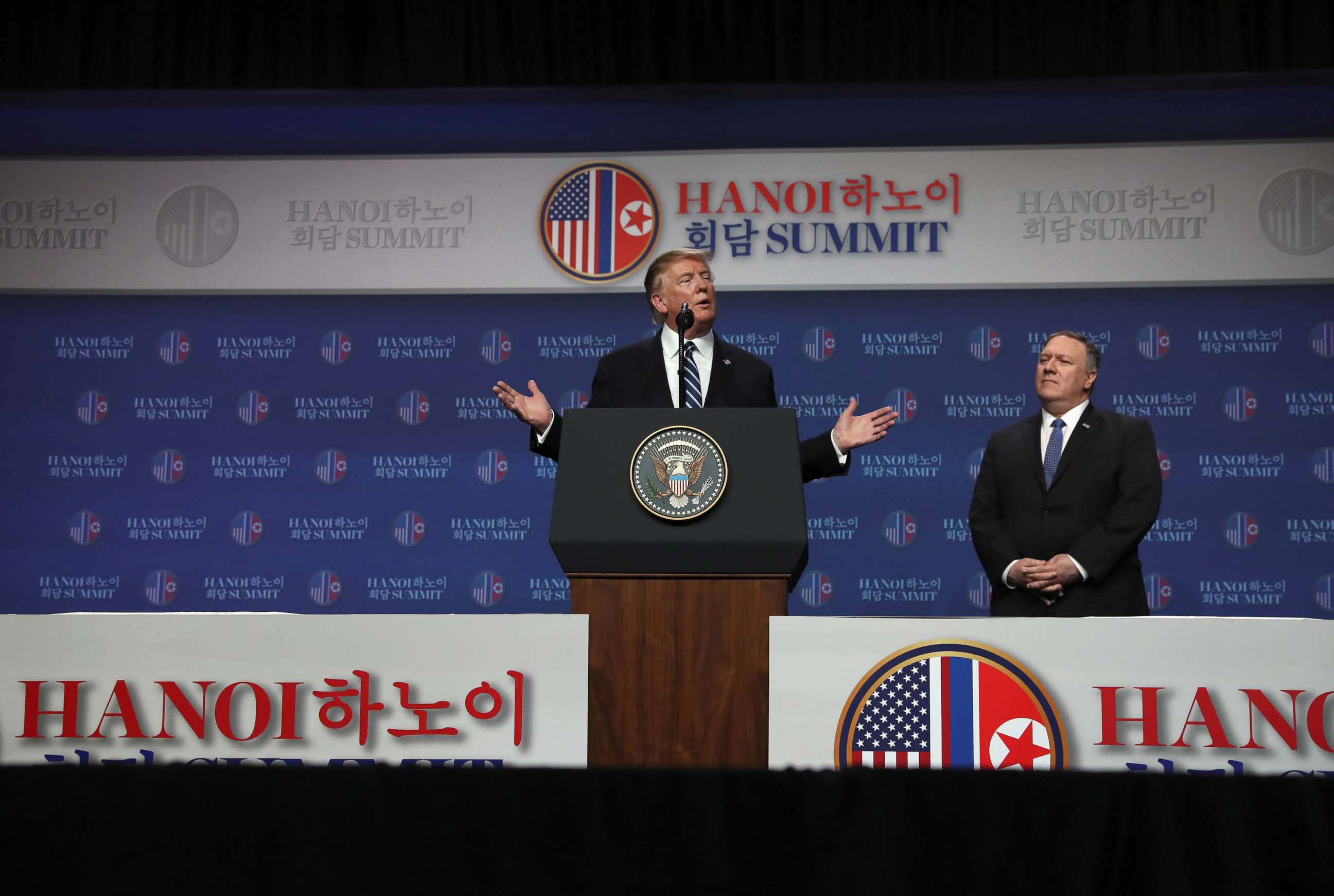 PHOTO: President Donald Trump holds a news conference next to Secretary of State Mike Pompeo after his summit with North Korean leader Kim Jong Un at the JW Marriott hotel in Hanoi, Vietnam, Feb. 28, 2019. 