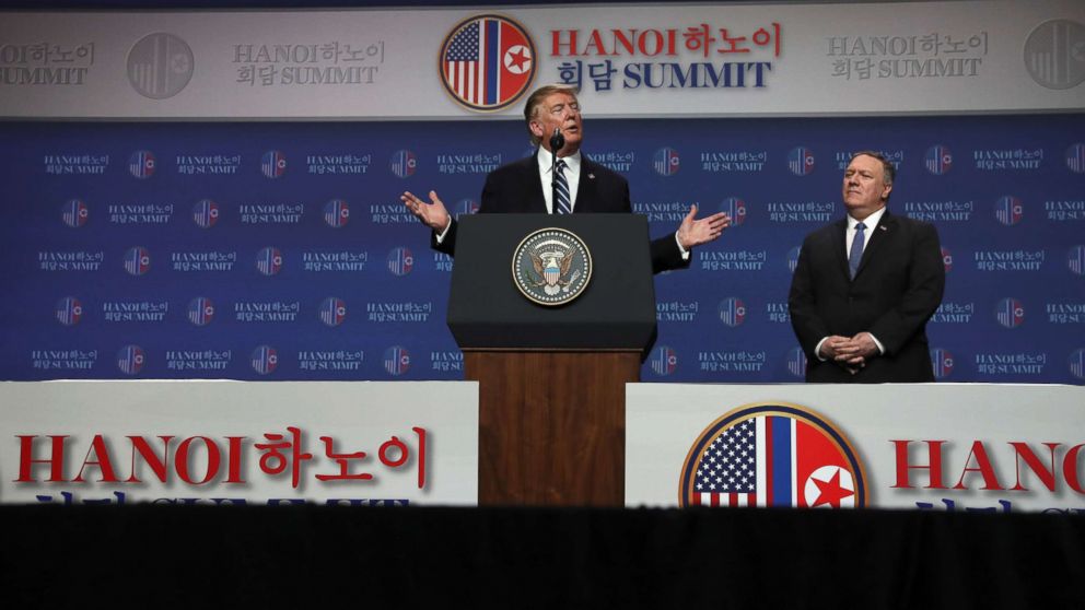 PHOTO: President Donald Trump holds a news conference next to Secretary of State Mike Pompeo after his summit with North Korean leader Kim Jong Un at the JW Marriott hotel in Hanoi, Vietnam, Feb. 28, 2019. 