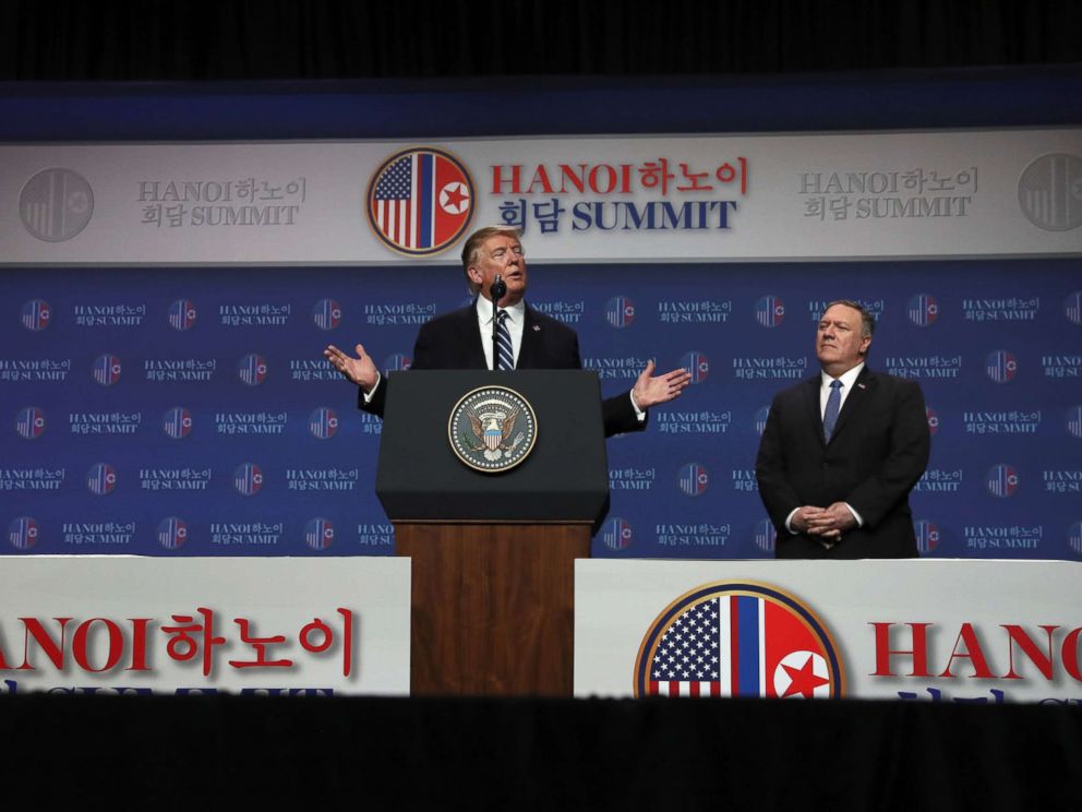 PHOTO: President Donald Trump holds a news conference next to Secretary of State Mike Pompeo after his summit with North Korean leader Kim Jong Un at the JW Marriott hotel in Hanoi, Vietnam, Feb. 28, 2019.