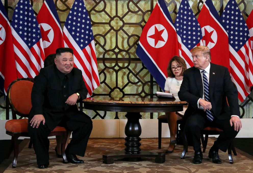 PHOTO: President Donald Trump looks towards North Korean leader Kim Jong Un during the one-on-one bilateral meeting at the second North Korea-U.S. summit in Hanoi, Vietnam, Feb. 28, 2019.