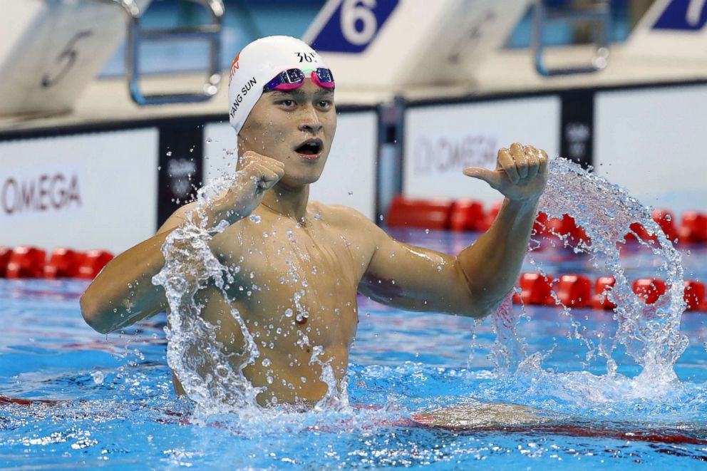 PHOTO: Yang Sun of China celebrates winning gold in the Men's 200m Freestyle Final on Day 3 of the Rio 2016 Olympic Games at the Olympic Aquatics Stadium, Aug. 8, 2016, in Rio de Janeiro, Brazil.  