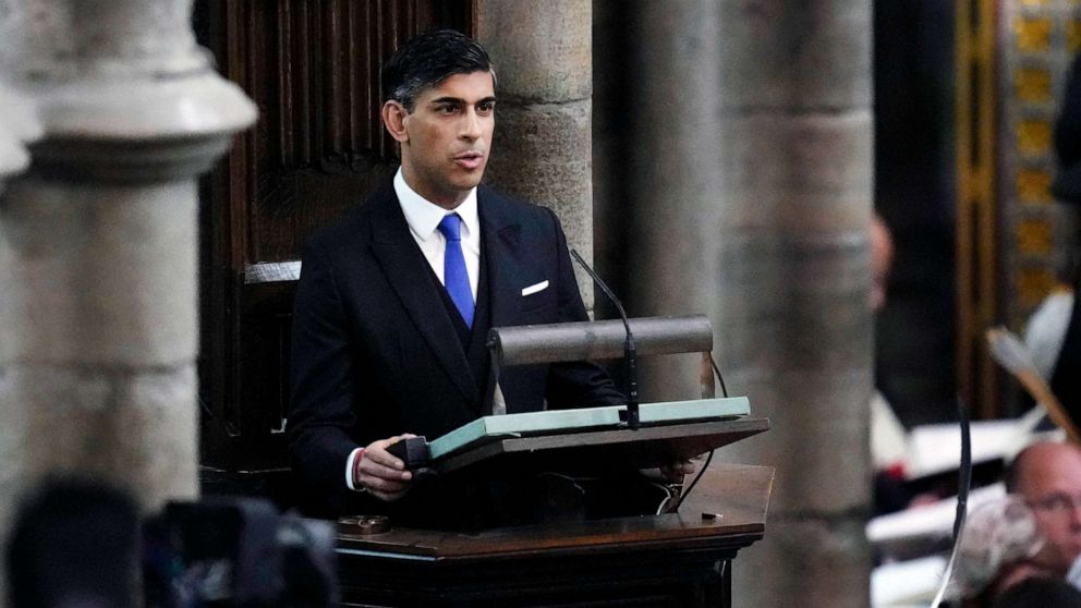 PHOTO: Britain's Prime Minister Rishi Sunak speaks during the coronation ceremony of Britain's King Charles III at Westminster Abbey in London, May 6, 2023.