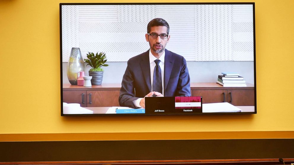 PHOTO: Google CEO Sundar Pichai testifies before the House Judiciary Subcommittee on Antitrust, Commercial and Administrative Law on 'Online Platforms and Market Power' in Washington, DC on July 29, 2020.