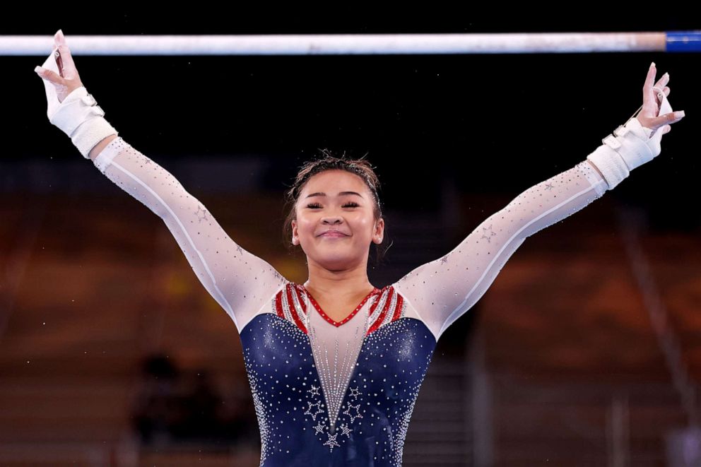 PHOTO: Sunisa Lee of Team United States reacts after competing on uneven bars during the Women's All-Around Final on day six of the Tokyo 2020 Olympic Games at Ariake Gymnastics Centre on July 29, 2021 in Tokyo, Japan.