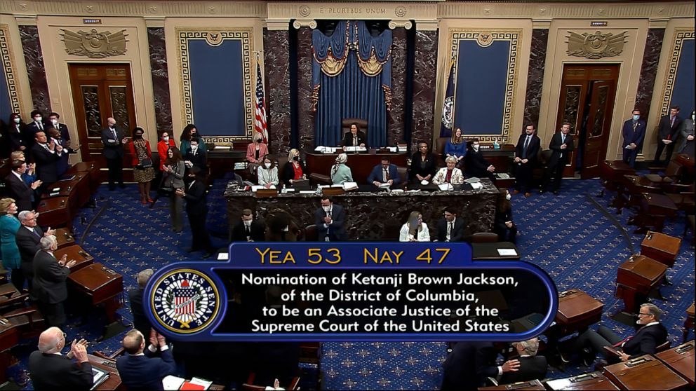 PHOTO: The final vote count of 53-47 is displayed after the U.S. Senate voted to confirm Ketanji Brown Jackson to the Supreme Court at the U.S. Capitol, April 7, 2022, in Washington.