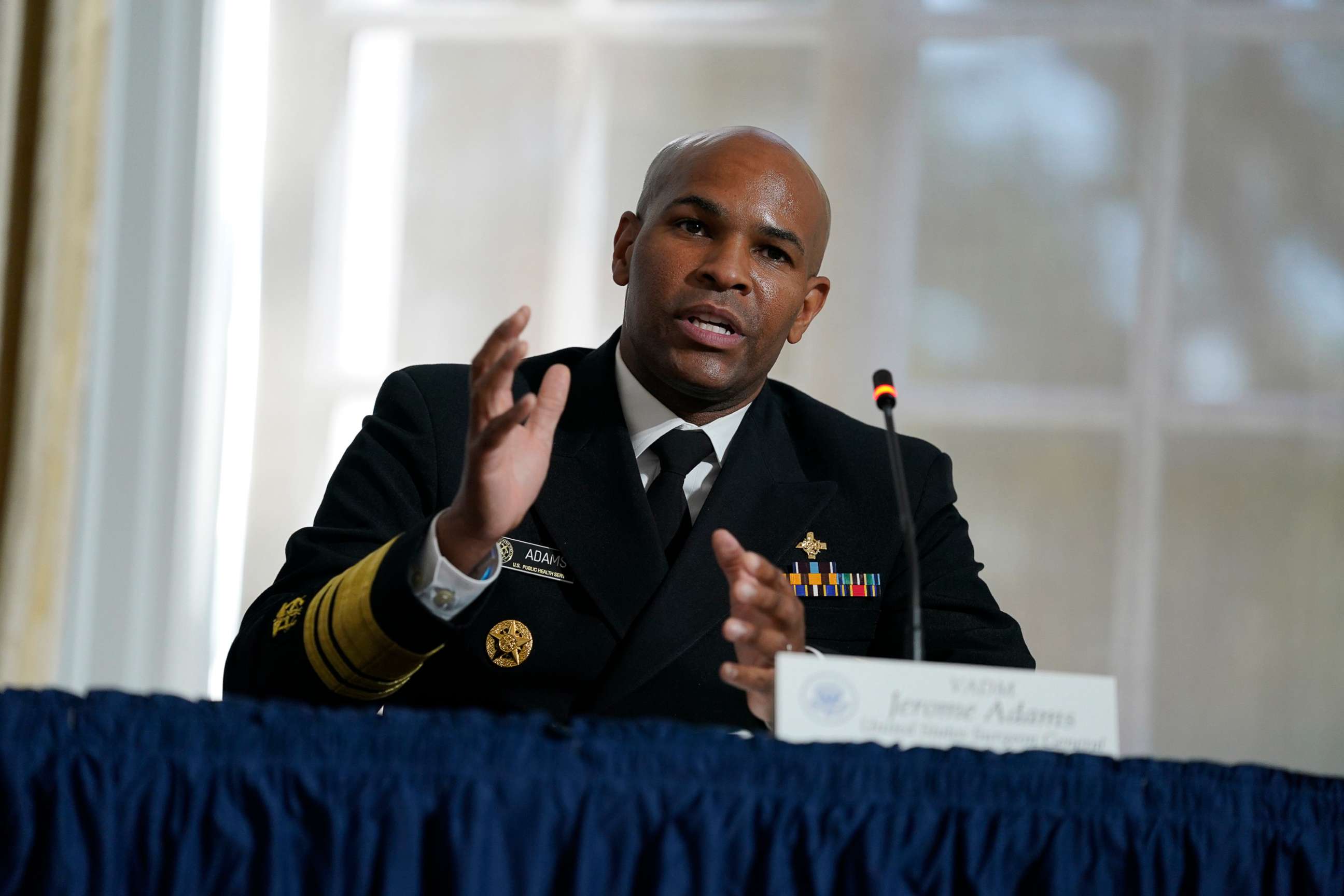 PHOTO: Surgeon General Jerome Adams speaks during a roundtable on donating plasma at the American Red Cross national headquarters on July 30, 2020, in Washington.