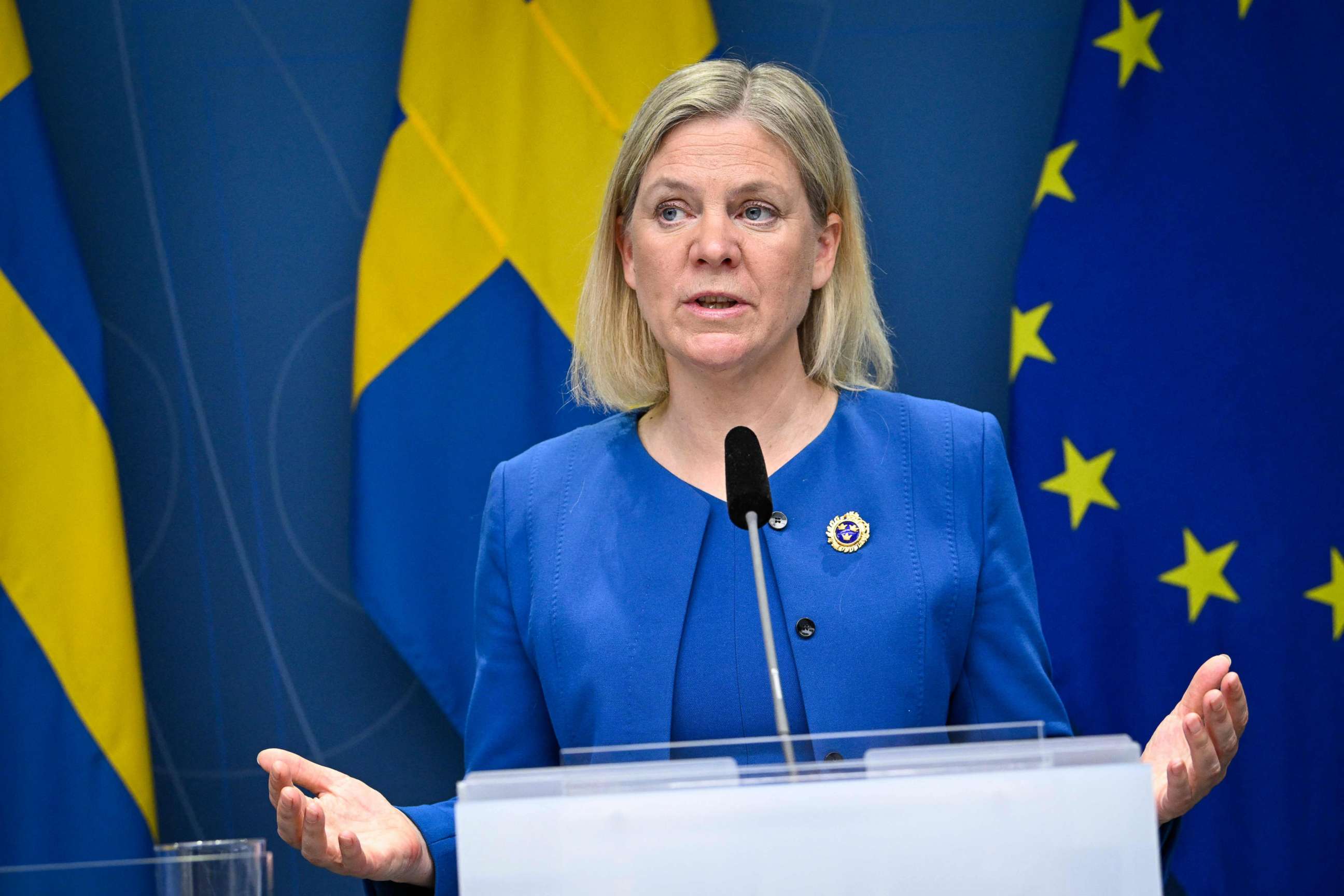 PHOTO: Sweden's Prime Minister Magdalena Andersson gives a news conference in Stockholm, Sweden, on May 16, 2022.