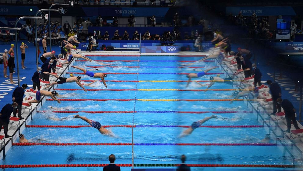 PHOTO: Swimmers compete in the final of the men's 4x100m medley relay swimming event during the Tokyo 2020 Olympic Games at the Tokyo Aquatics Centre in Tokyo on August 1, 2021.