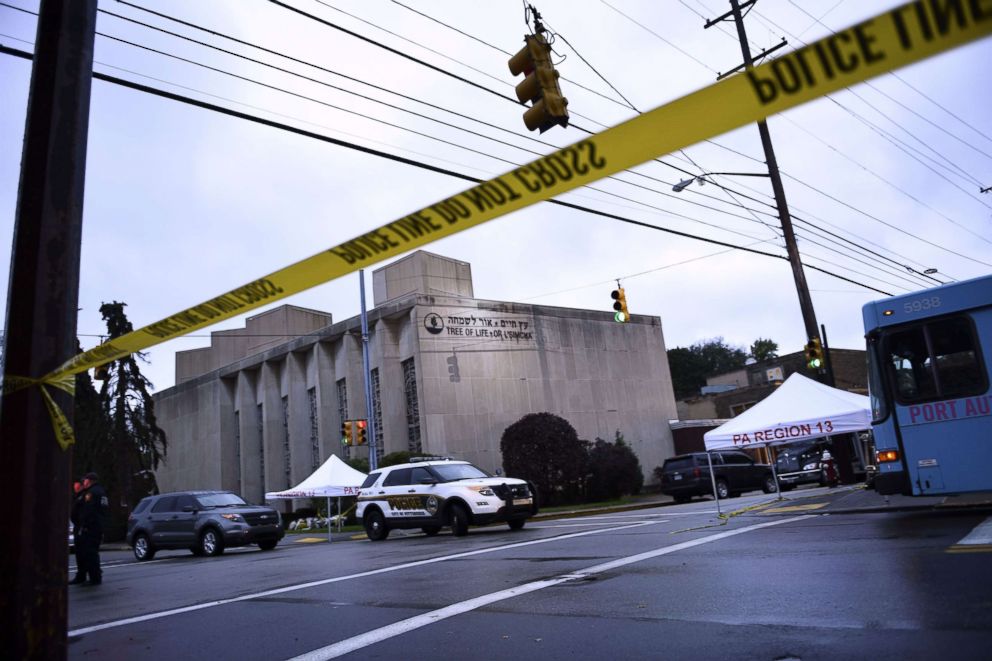 PHOTO: Police tape is viewed around the area, Oct. 28, 2018, outside the Tree of Life Synagogue after a fatal shooting in Pittsburgh, Oct. 27, 2018. 