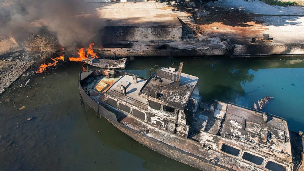PHOTO: An aerial photo shows a Syrian naval ship destroyed in an overnight Israeli attack on the port city of Latakia, Dec. 10, 2024.