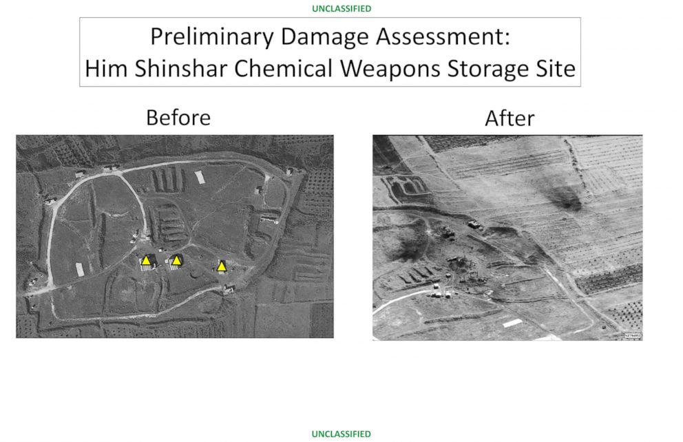 PHOTO: This image provided by the Department of Defense that was presented at the Pentagon briefing on Saturday, April 14, 2018, shows before and after images from the Him Shinshar Chemical Weapons Storage Site in Syria.