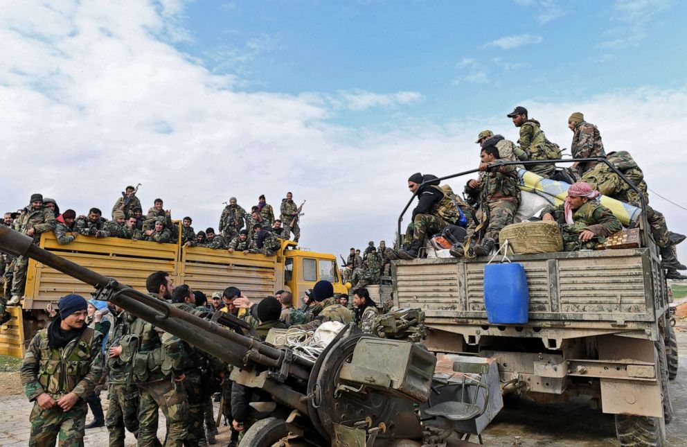 PHOTO: Syrian Army soldiers advance in Tall Sultan town towards Saraqeb city, Idlib province, Syria, Feb. 5, 2020.