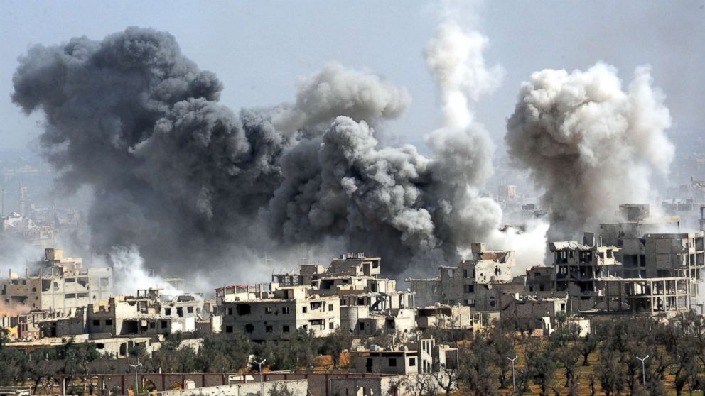 PHOTO: Smoke rises after the Syrian army's shelling targeted the Douma district in Eastern Ghouta countryside of Damascus, Syria, April 7, 2018.