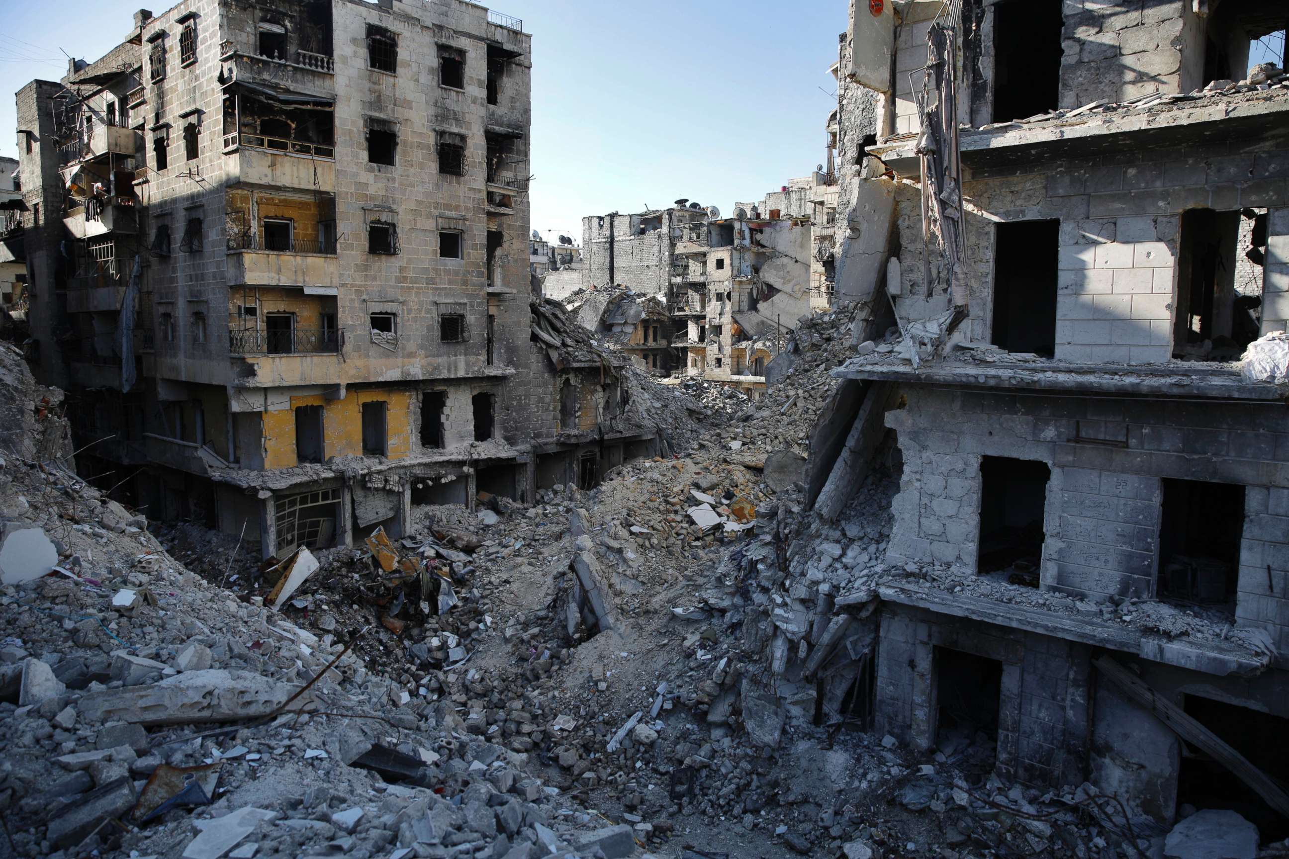 PHOTO: This Jan. 20, 2018 photo, shows the destruction of the Salaheddin neighborhood in eastern Aleppo, Syria.