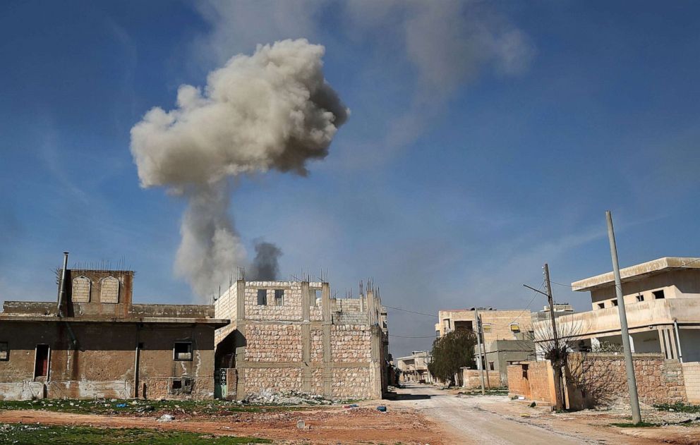 PHOTO: Smoke billows over the town of Saraqib in eastern Idlib, Syria, following bombardment by Syrian government forces, Feb. 27, 2020.