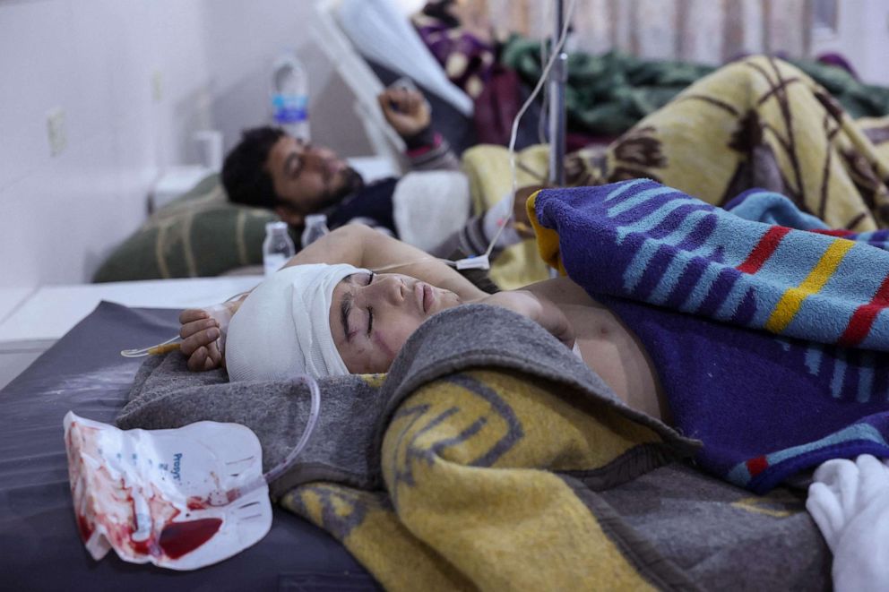 PHOTO: Injured surviors of the earthquake receive treatment at al-Rahma hospital in Syria's town of Darkush, Feb. 6, 2023.