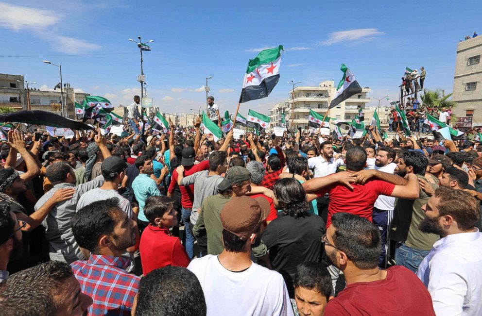 PHOTO: People demonstrate against the regime and its ally Russia, in the rebel-held city of Idlib, Sept. 7, 2018.