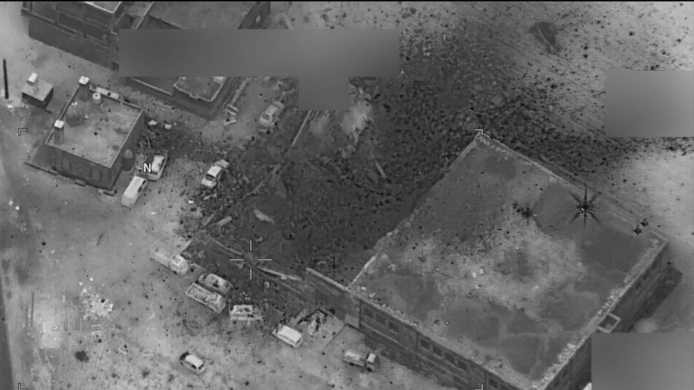 PHOTO: A post-strike photo of the site which the Pentagon says is of an al Qaeda senior leader meeting in al-Jinah, Syria, that the U.S. stuck on March 16, 2017.