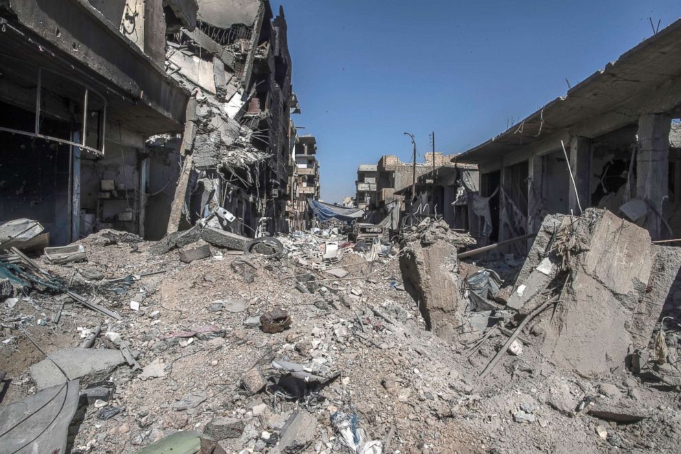 PHOTO: A heavily destroyed street in Raqqa, Syria, Oct. 19, 2017. 