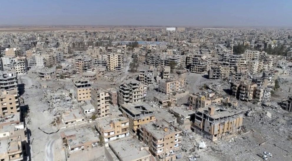 PHOTO: An image taken from drone video shows damaged buildings in Raqqa, Syria, Oct. 19, 2017. 