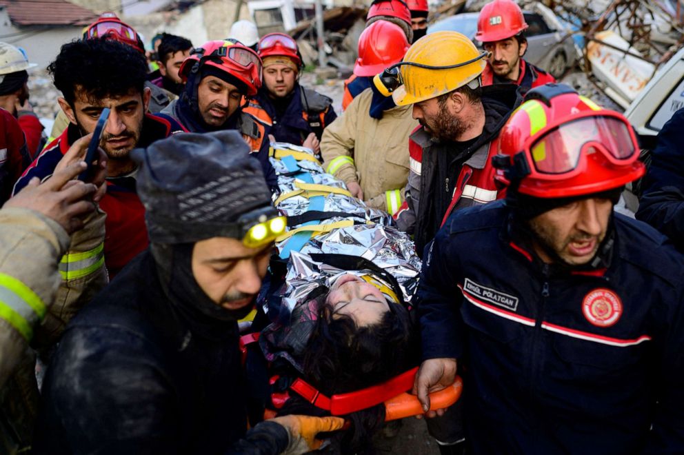 PHOTO: Rescuers evacuate a 12-year-old Syrian girl from the rubble of a destroyed building in Hatay, Feb. 12, 2023, after a 7.8-magnitude earthquake struck the country's south-east.