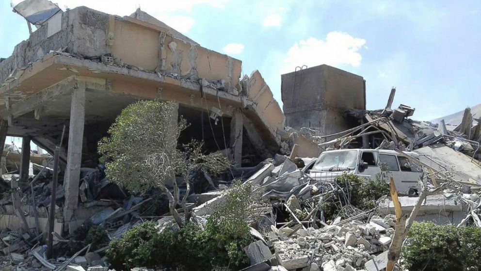 PHOTO: A photo released by the Syrian official news agency SANA, shows the damage to the Syrian Scientific Research Center which was attacked by U.S., British and French military strikes, April 14, 2028, in Barzeh, near Damascus, Syria.