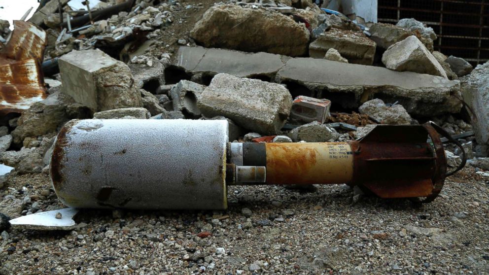 PHOTO: A photo shows an empty rocket reportedly fired by regime forces on the rebel-held besieged town of Douma on the outskirts of the capital, Damascus, on Jan. 22, 2018. 

