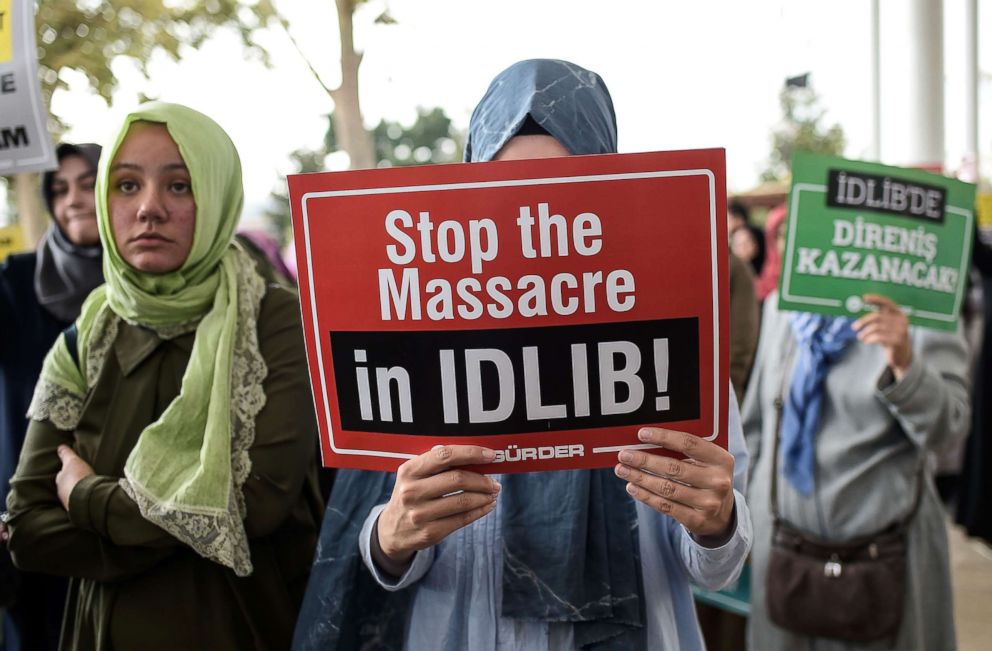 PHOTO: Turkish women protest against a Syrian military operation in the rebel-held Idlib province of northwest Syria in Istanbul, Turkey, Sept. 7, 2018.