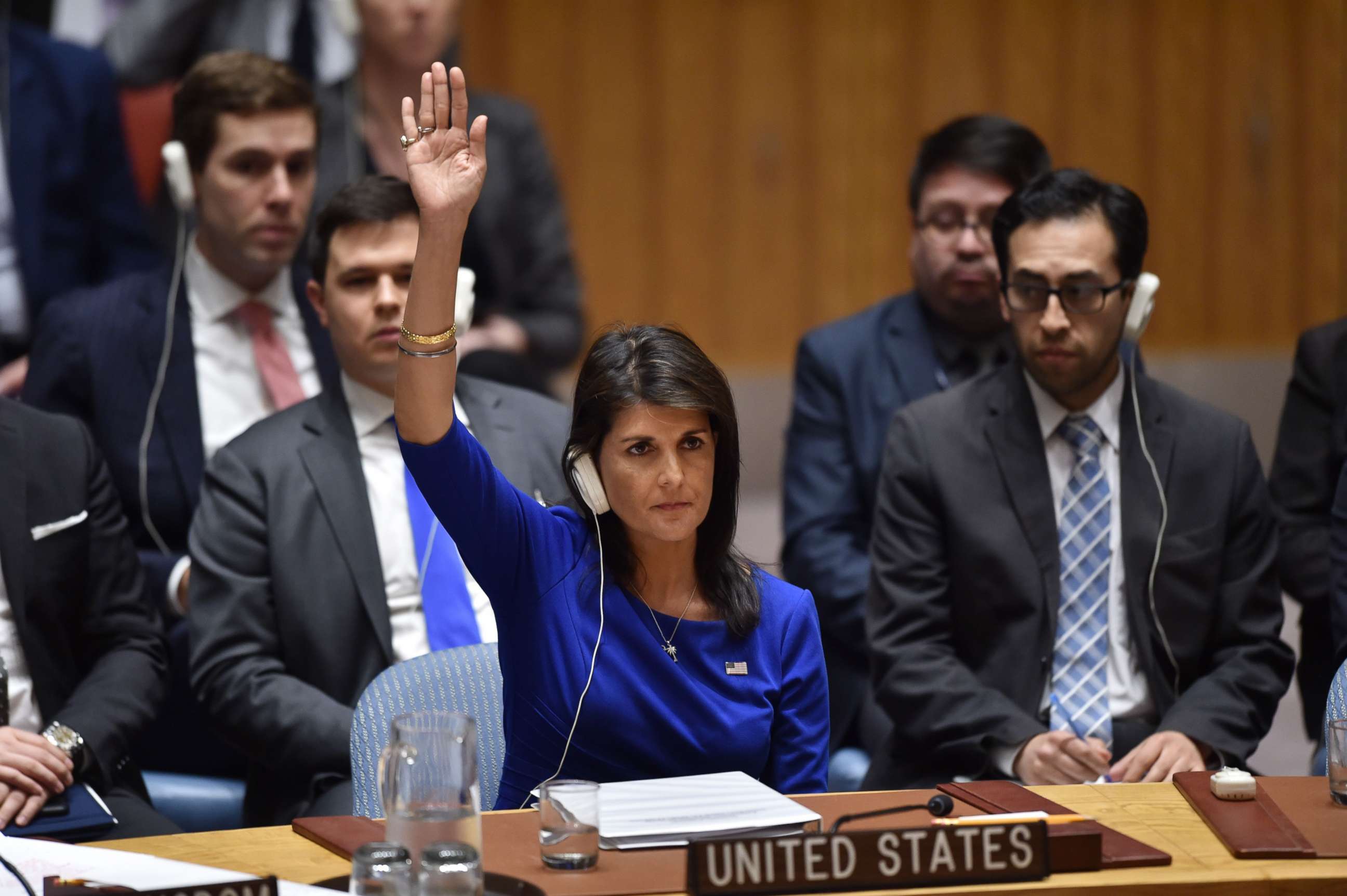 PHOTO: US Ambassador to the UN Nikki Haley votes during a UN Security Council meeting on the situation in Syria, at the United Nations Headquarters in New York, April 14, 2018.

