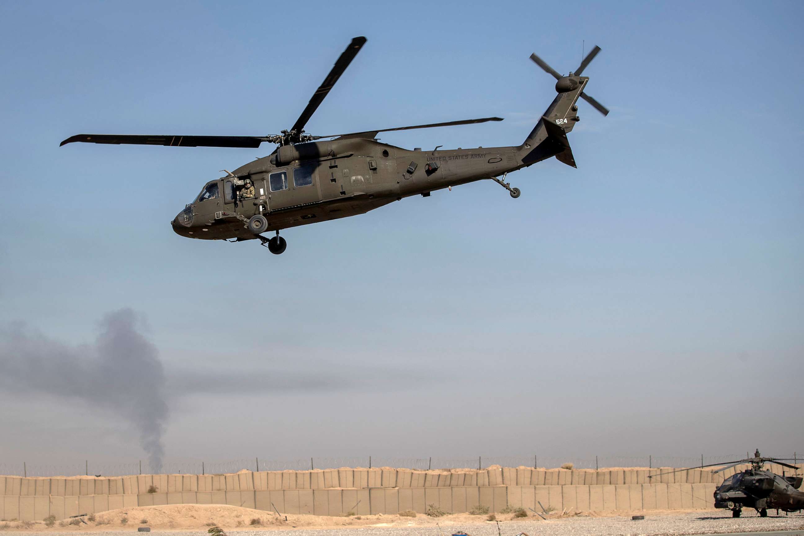 PHOTO: In this file photo from 2019, A helicopter takes off from a US military base at an undisclosed location in eastern Syria, Nov. 11, 2019.