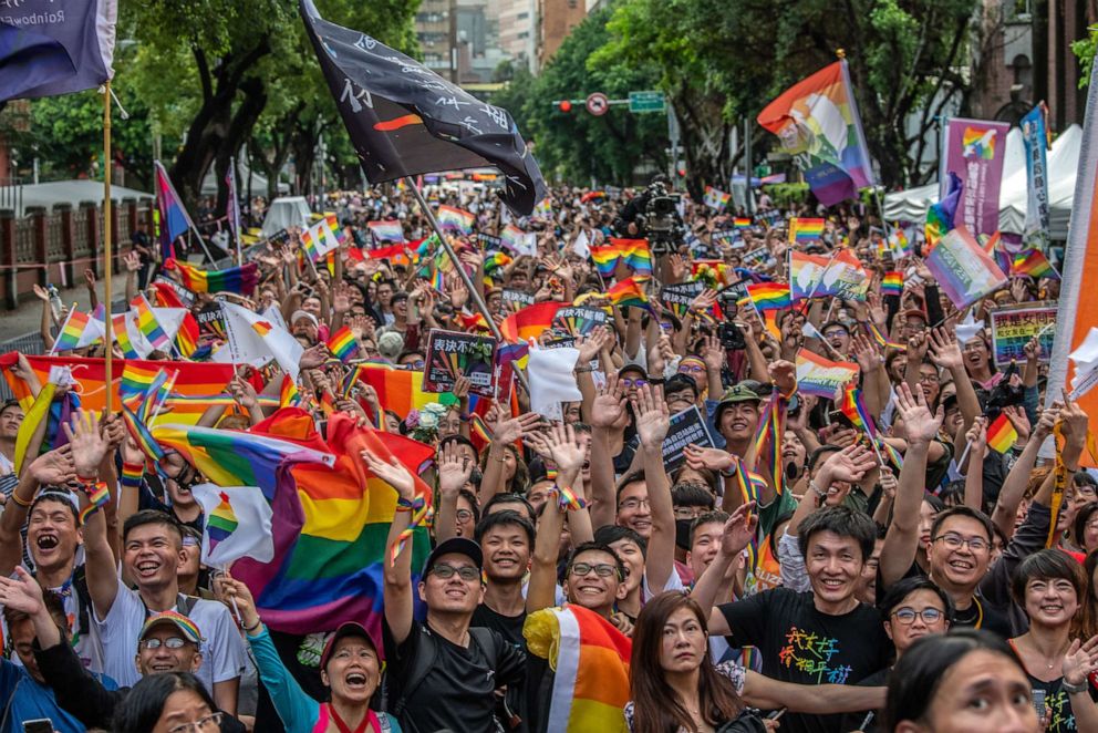 PHOTO: TThousands of gay rights supporters gathered outside the parliament building celebrate after Taiwan's parliament voted to legalize same-sex marriage on May 17, 2019 in Taipei, Taiwan.