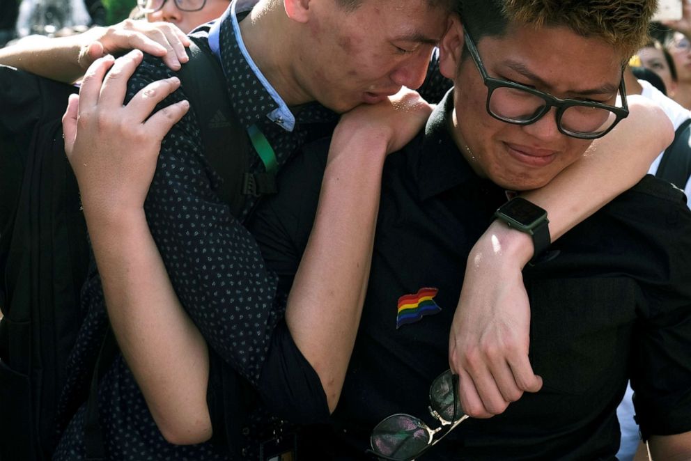 PHOTO: Same-sex marriage supporters celebrate after Taiwan became the first place in Asia to legalize same-sex marriage, outside the Legislative Yuan in Taipei, Taiwan, May 17, 2019.