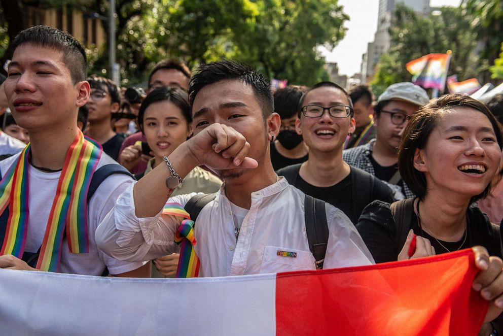 PHOTO: People celebrate after Taiwan's parliament voted to legalize same-sex marriage on May 17, 2019 in Taipei, Taiwan.