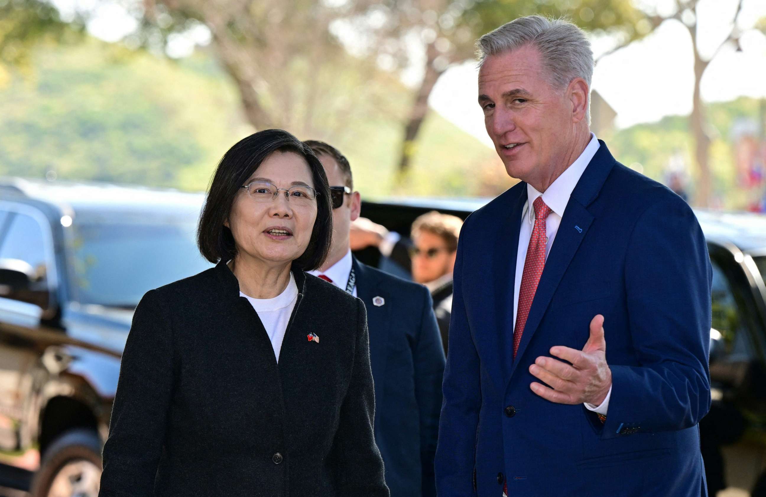 PHOTO: TOPSHOT - US Speaker of the House Kevin McCarthy (R-CA) (R) speaks with Taiwan President Tsai Ing-wen while arriving for a bipartisan meeting at the Ronald Reagan Presidential Library in Simi Valley, California, on April 5, 2023.