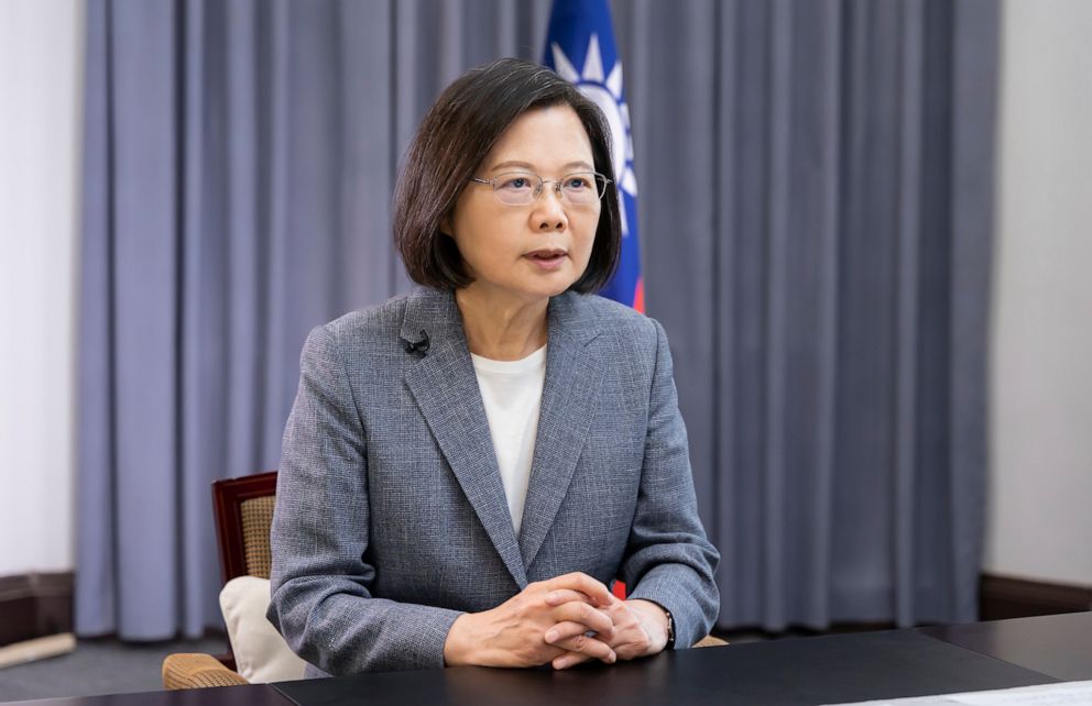 PHOTO: In this photo released by the Taiwan Presidential Office, President Tsai Ing-wen speaks about recent Chinese military drills in Taipei, Taiwan, on April 11, 2023.