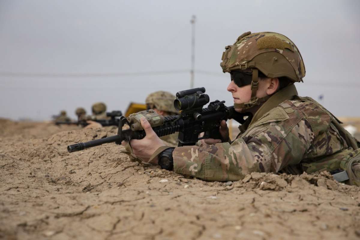 PHOTO:  U.S. Army paratroopers assigned to the 82nd Airborne Division pull security during a base defense exercise at Camp Taji, Iraq, Jan. 19, 2020.