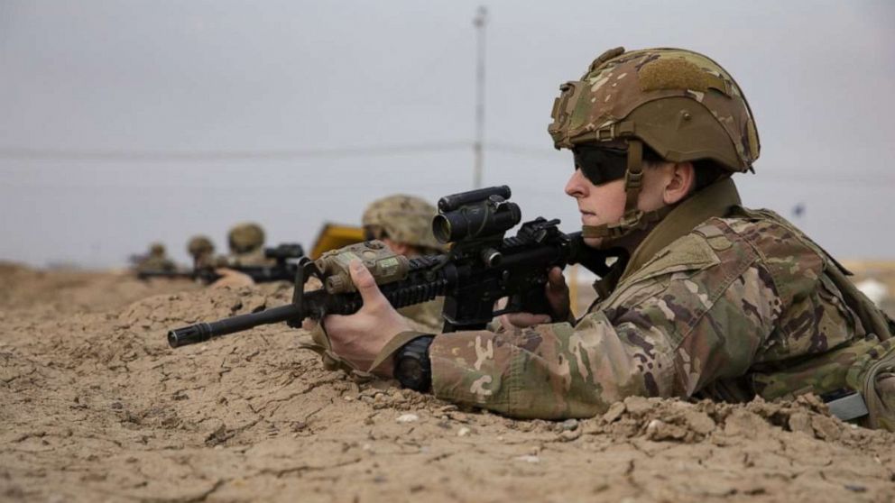 PHOTO:  U.S. Army paratroopers assigned to the 82nd Airborne Division pull security during a base defense exercise at Camp Taji, Iraq, Jan. 19, 2020.