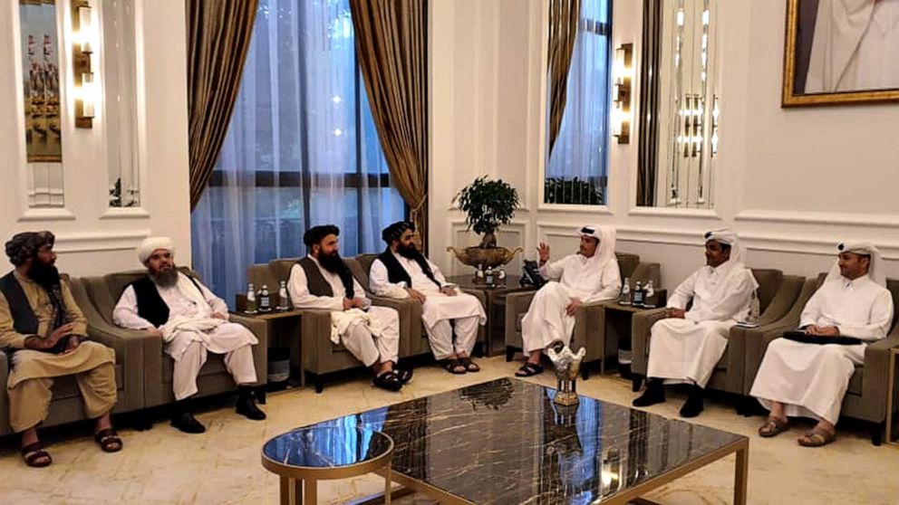 PHOTO: Taliban delegates meet with Qatar delegates in Doha, Qatar on Oct. 9, 2021. 