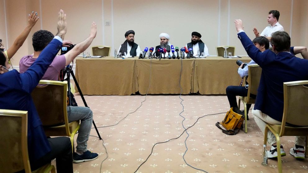 PHOTO: Members of political delegation from the Afghan Taliban's movement Dr, Mohammad Naim, left, Mawlawi Shahabuddin Dilawar, center, and Suhil Shaheen attend a news conference in Moscow, Russia, Friday, July 9, 2021. (AP Photo/Alexander Zemlianichenko)