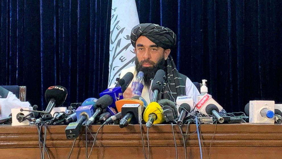 PHOTO: Taliban spokesman Zabihullah Mujahid speaks at at his first news conference in Kabul, Afghanistan, Aug. 17, 2021.