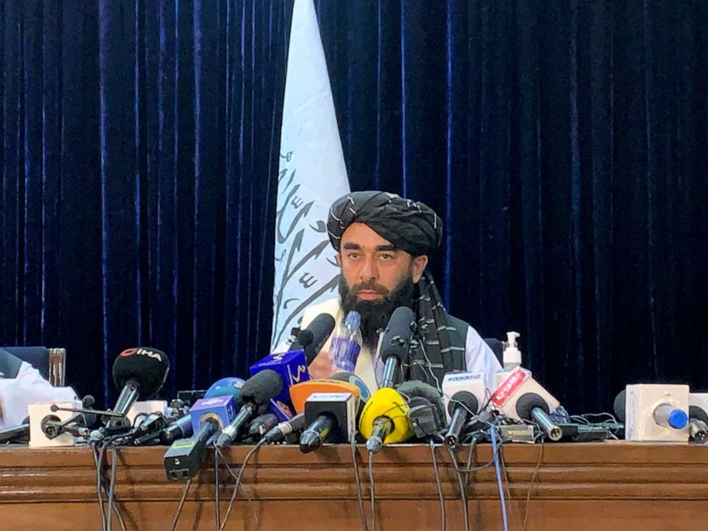 PHOTO: Taliban spokesman Zabihullah Mujahid speaks at at his first news conference in Kabul, Afghanistan, Aug. 17, 2021.