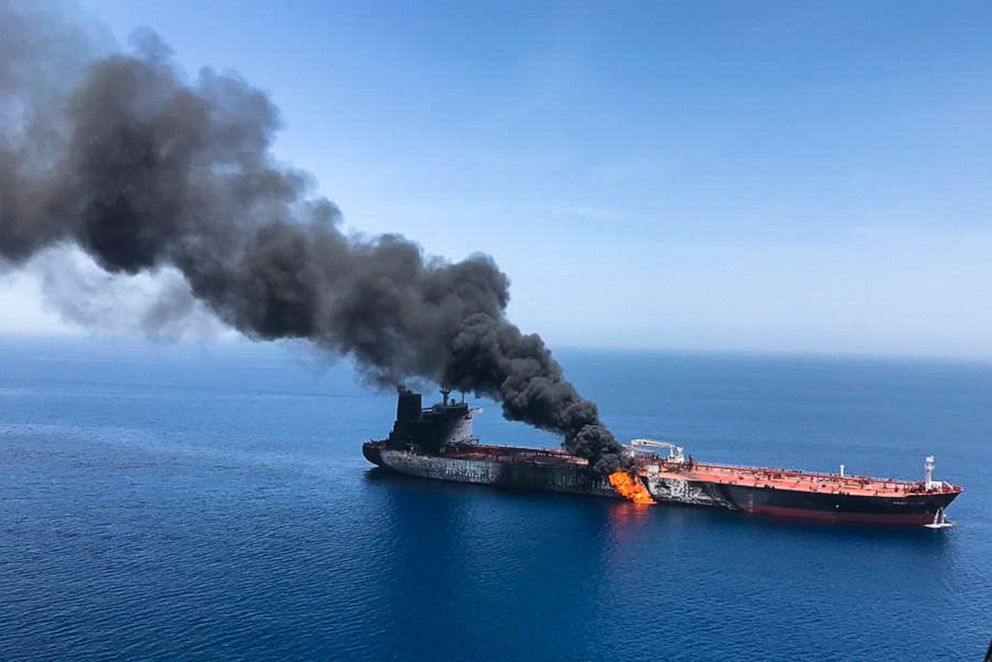 PHOTO: An oil tanker is on fire in the sea of Oman, June 13, 2019.